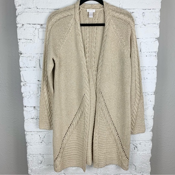 Chico’s Gold Tan Metallic Weave Long Line Knit Cardigan Sweater 1 - Picture 1 of 7